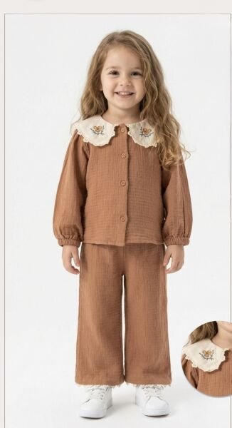 Yakası Nakışlı Double Müslin Takım - Kahve