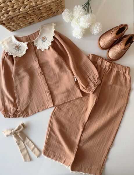 Yakası Nakışlı Double Müslin Takım - Kahve