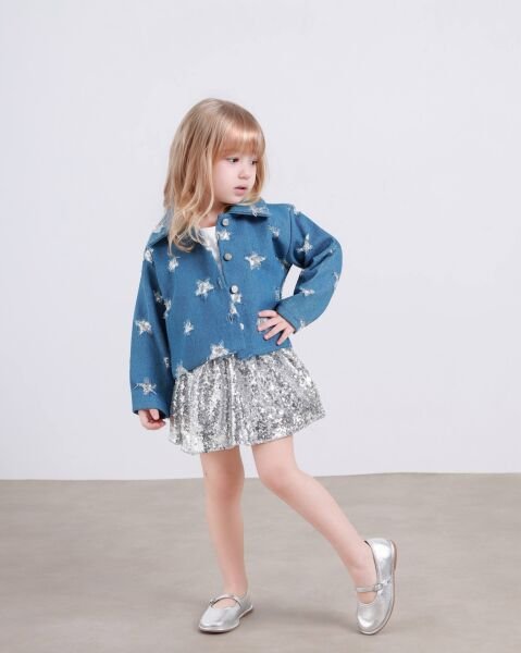 Asarkids Yıldız Ceketli Pul Payet Etek 2’li Takım - Mavi