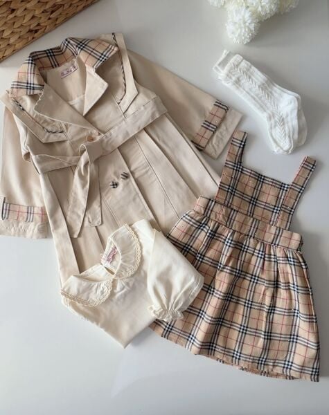 Kareli Trençkotlu Elbise 4'lü Set - Bej