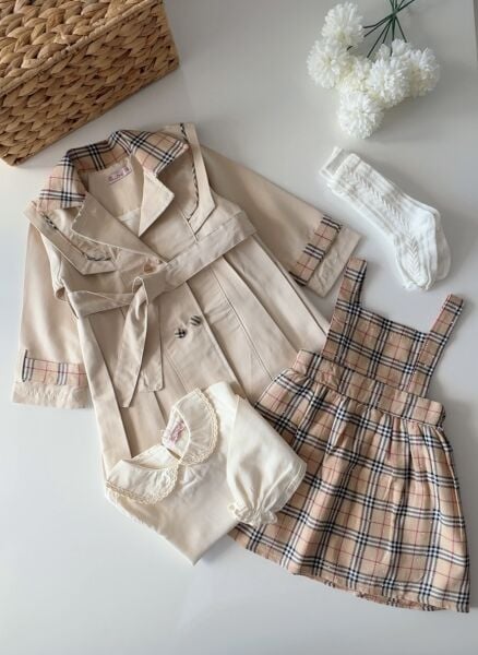 Kareli Trençkotlu Elbise 4'lü Set - Bej
