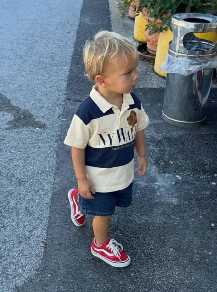 Asar Kids NY Walk Sloganlo Polo Yaka Tişört - Krem Koyu Mavi