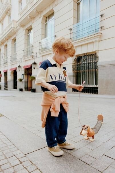 Asar Kids NY Walk Sloganlo Polo Yaka Tişört - Krem Koyu Mavi