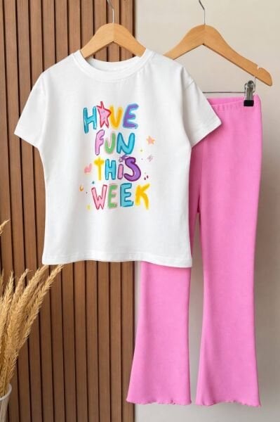 Asarkids Sloganlı Taytlı 2'li Takım - Beyaz Pembe