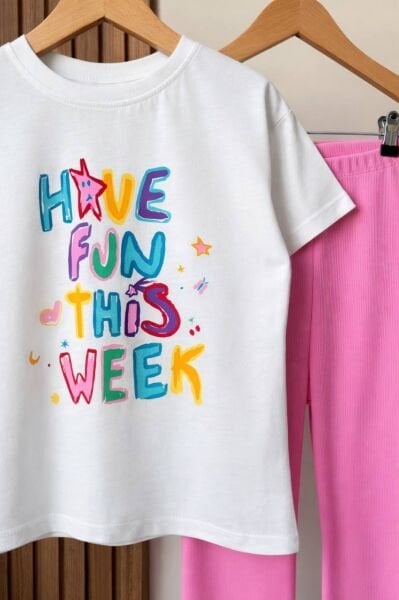 Asarkids Sloganlı Taytlı 2'li Takım - Beyaz Pembe