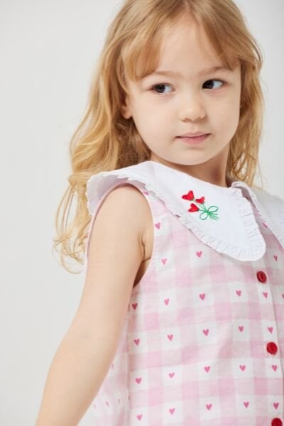 Asarkids Yakalı Kalp Nakışlı Şortlu Su Taşı 2'li Takım - Pembe Beyaz
