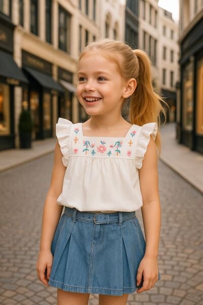 Fırfır Kollu Çiçekli Şort Etekli Defne Takım - Beyaz