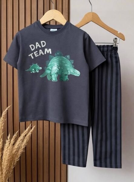 Asarkids Dinozor Baskılı Çizgili 2'li Takım - Füme