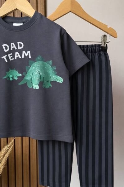 Asarkids Dinozor Baskılı Çizgili 2'li Takım - Füme