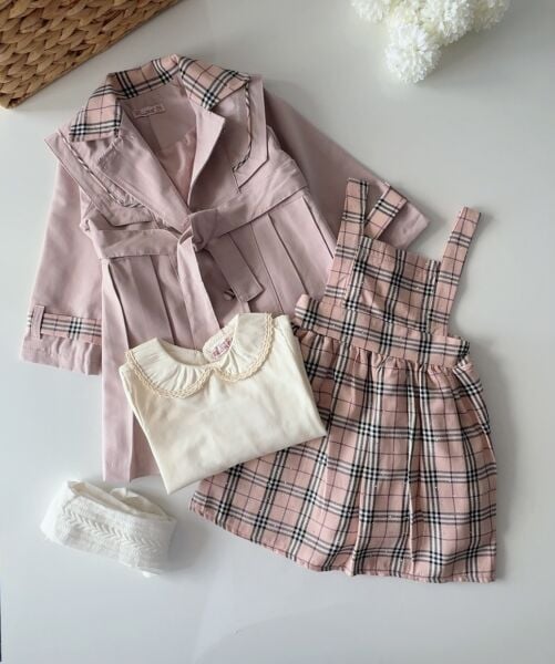 Kareli Trençkotlu Elbise 4'lü Set - Gül Kurusu