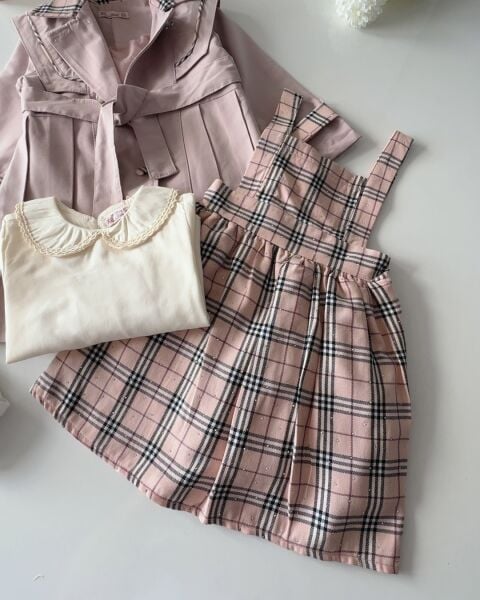 Kareli Trençkotlu Elbise 4'lü Set - Gül Kurusu