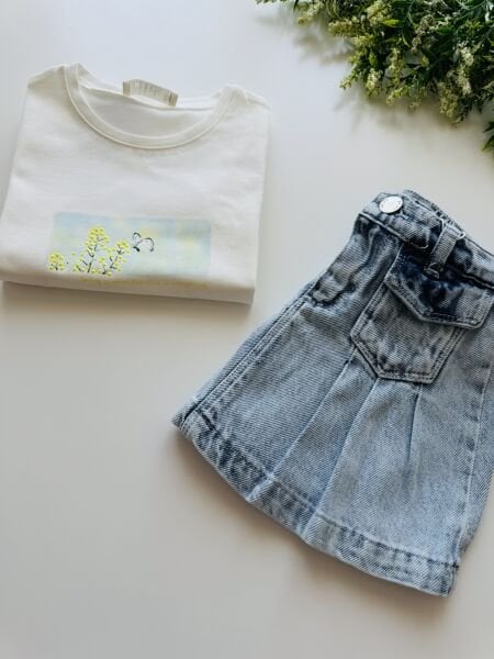 Denim Etekli İdil Takım - Beyaz