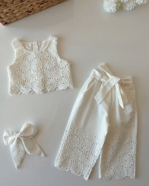 Asar Kids Fistolu Bluz Pantolon 2'li Takım - Beyaz