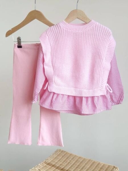 Triko Süveterli Gömlek Detaylı Taytlı Takım - Pembe