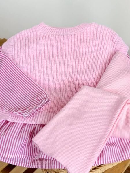 Triko Süveterli Gömlek Detaylı Taytlı Takım - Pembe