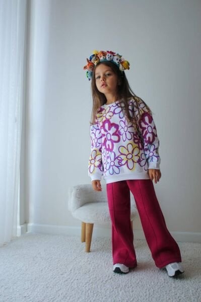 Şardonlu Bol Paça Çiçekli Takım - Pembe