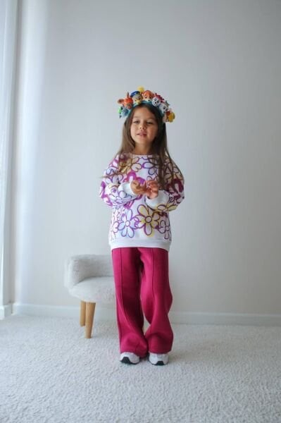 Şardonlu Bol Paça Çiçekli Takım - Pembe