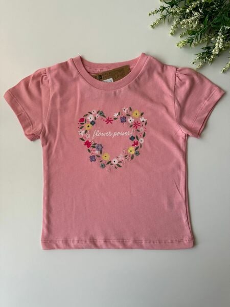 Çiçek Nakışlı Tişört - Pembe