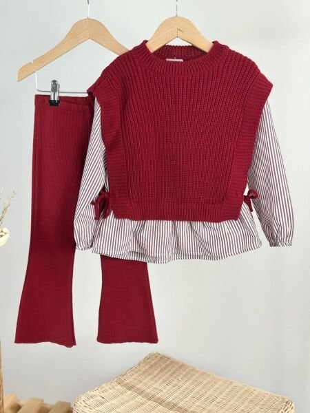 Triko Süveterli Gömlek Detaylı Taytlı Takım - Bordo