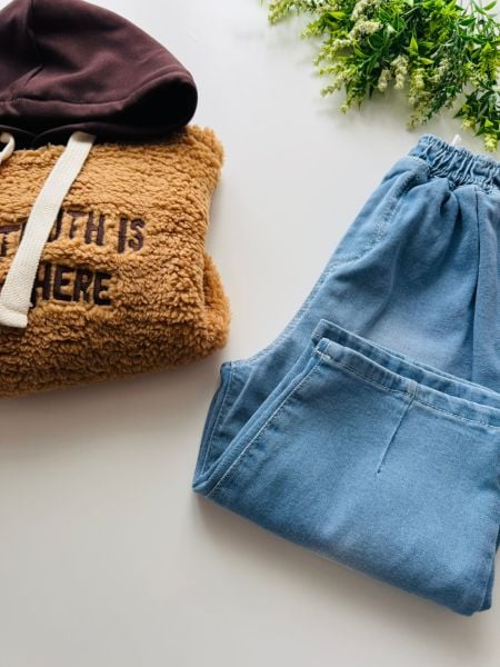 Sloganlı Peluş Balon Jean Takım - Kahve Mavi