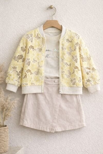 Asar Kids Çiçek Desenli Şort Etekli 3'lü Takım - Sarı Krem