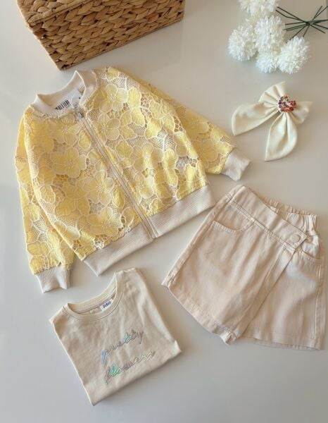Asar Kids Çiçek Desenli Şort Etekli 3'lü Takım - Sarı Krem