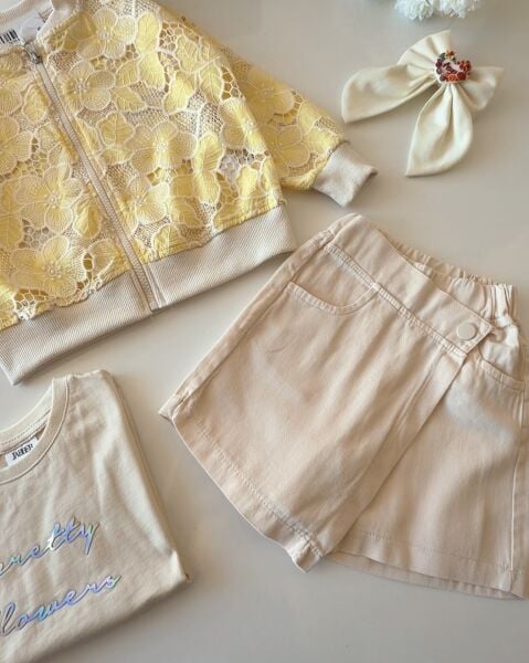 Asar Kids Çiçek Desenli Şort Etekli 3'lü Takım - Sarı Krem