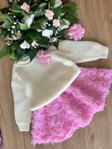 Triko Kazaklı Güllü Takım 3’lü Set - Pembe