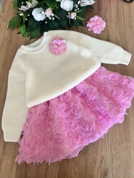 Triko Kazaklı Güllü Takım 3’lü Set - Pembe