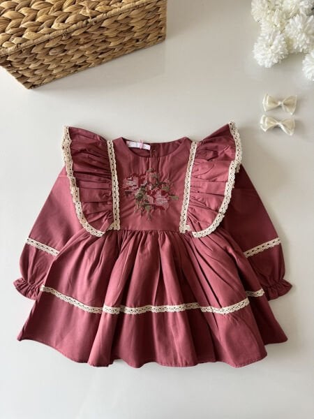 Asarkids Kanaviçe Nakışlı Retro Elbise - Gül Kurusu