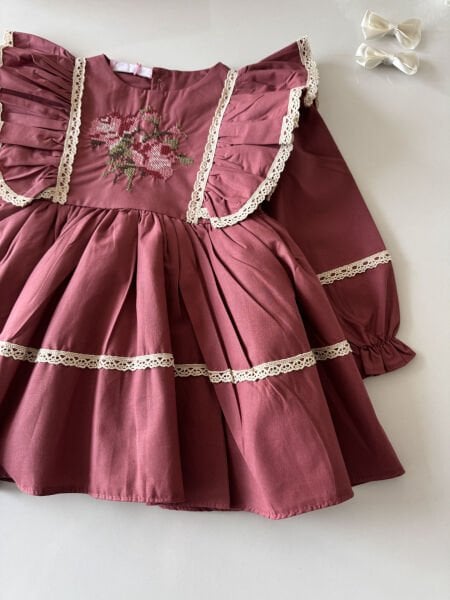 Asarkids Kanaviçe Nakışlı Retro Elbise - Gül Kurusu