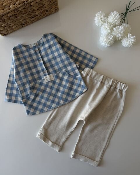 Asarkids Kanguru Cepli 2'li Kareli Takım - Mavi Krem