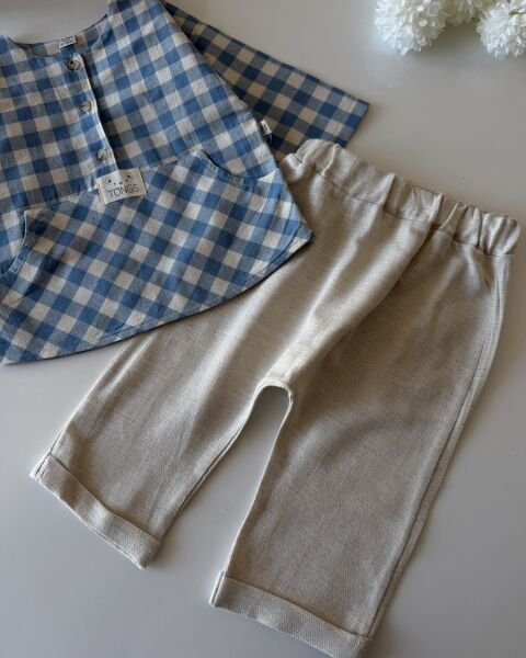 Asarkids Kanguru Cepli 2'li Kareli Takım - Mavi Krem