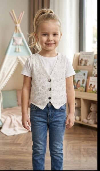 Asar Kids Pul Baskılı Yelek - Beyaz Gümüş