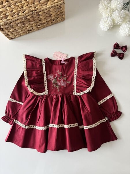 Asarkids Kanaviçe Nakışlı Retro Elbise - Bordo