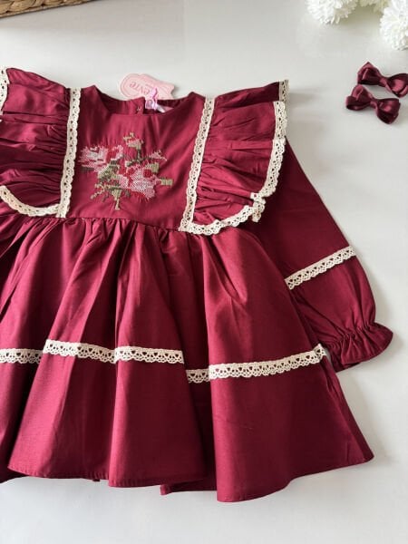 Asarkids Kanaviçe Nakışlı Retro Elbise - Bordo