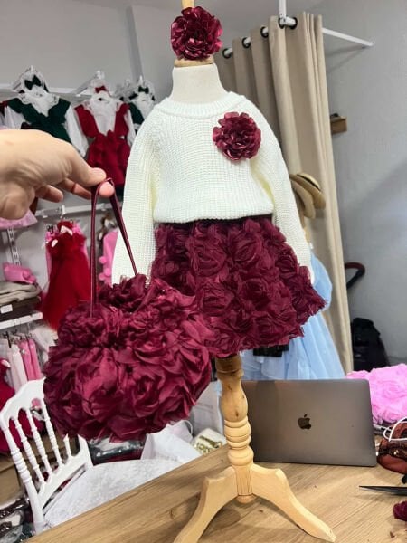 Triko Kazaklı Güllü Takım 3’lü Set - Bordo