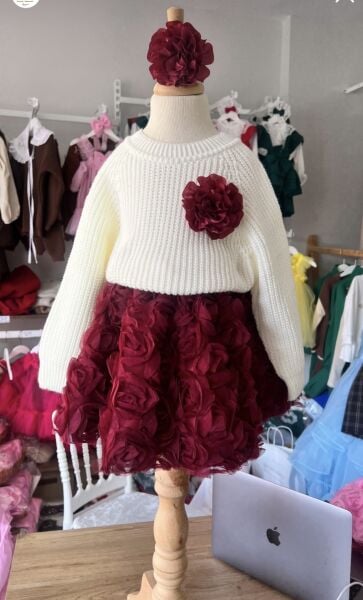 Triko Kazaklı Güllü Takım 3’lü Set - Bordo