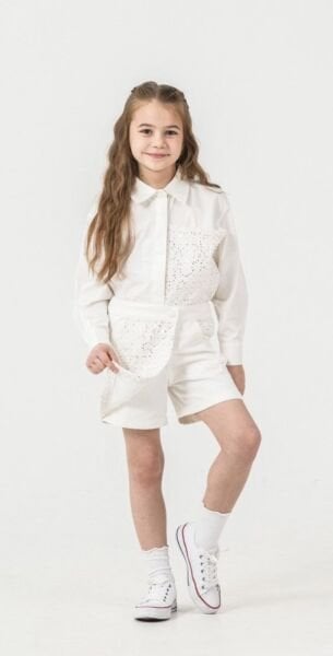 Asar Kids Pul Baskılı Gömlek ve Şort Etek - Beyaz Gümüş