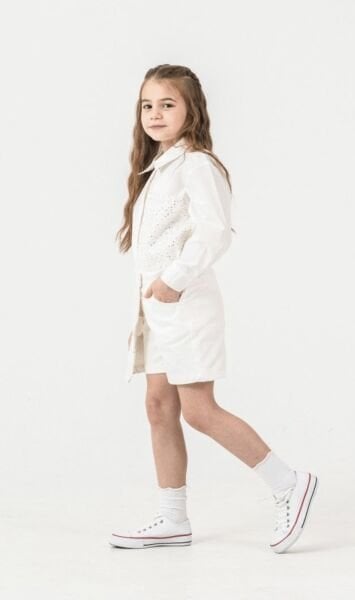 Asar Kids Pul Baskılı Gömlek ve Şort Etek - Beyaz Gümüş