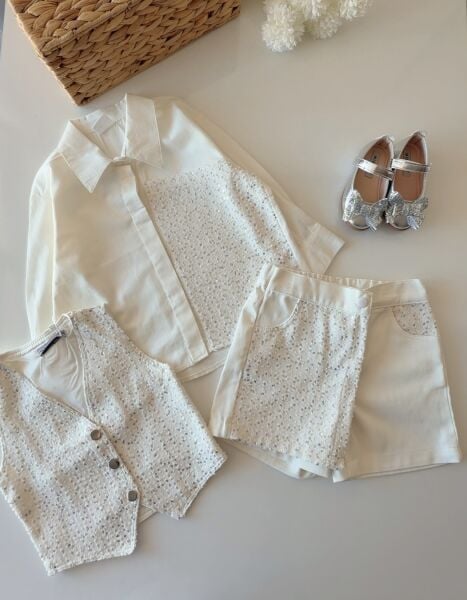 Asar Kids Pul Baskılı Gömlek ve Şort Etek - Beyaz Gümüş
