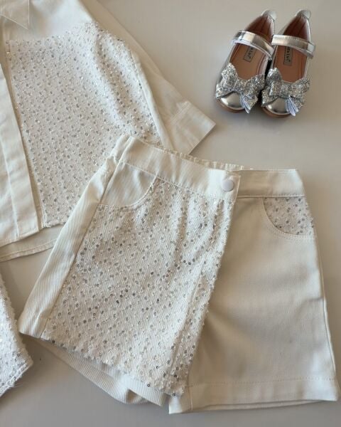 Asar Kids Pul Baskılı Gömlek ve Şort Etek - Beyaz Gümüş