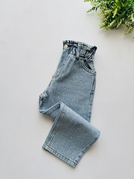 Asarkids Taşlı Paperbag Jean - Mavi ( Dar Kalıp)