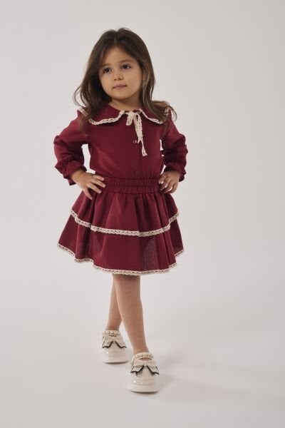 Asarkids İnce Fisto Detaylı Fırfır Etekli 2'li Takım - Bordo