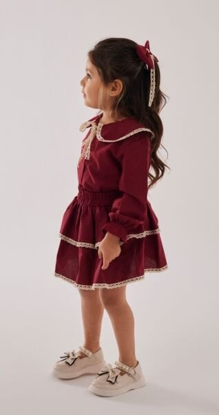 Asarkids İnce Fisto Detaylı Fırfır Etekli 2'li Takım - Bordo