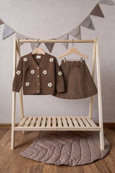 Papatya Aplikeli Triko Hırkalı Takım - Kahve