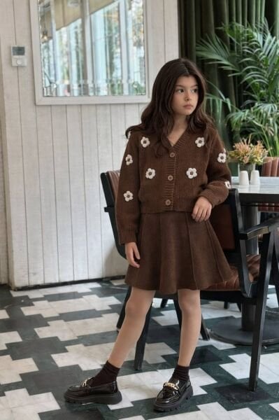 Papatya Aplikeli Triko Hırkalı Takım - Kahve