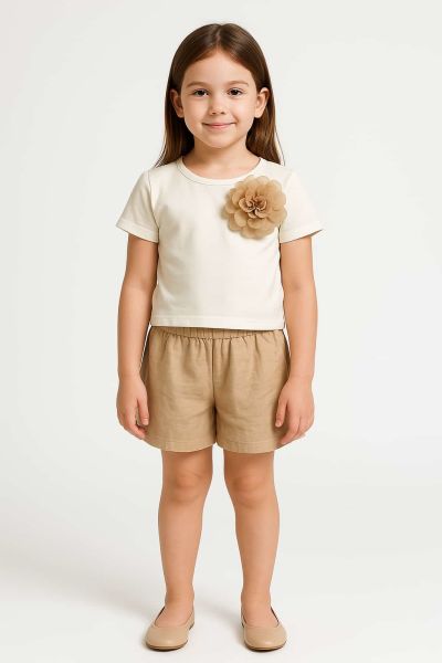 Tek Güllü Şortlu Hazal Takım - Kahve Krem