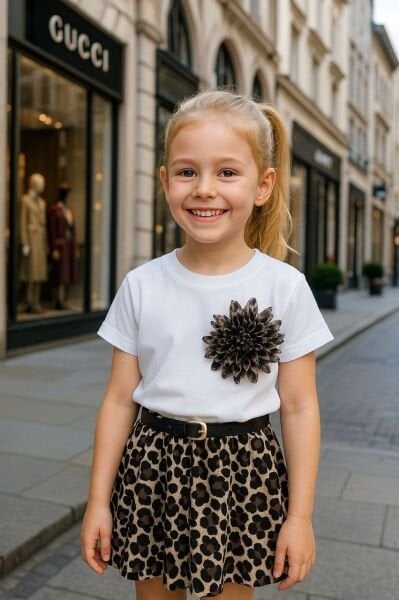 Leopar Desenli Etekli 3'lü Melis Takım - Beyaz