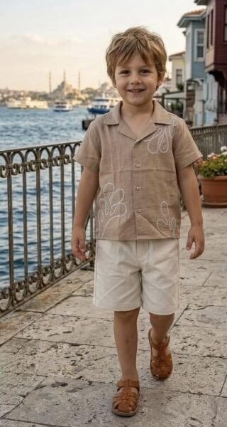 Asar Kids Kordon Nakış Palmiye Desenli Şortlu Takım - Kahve Krem